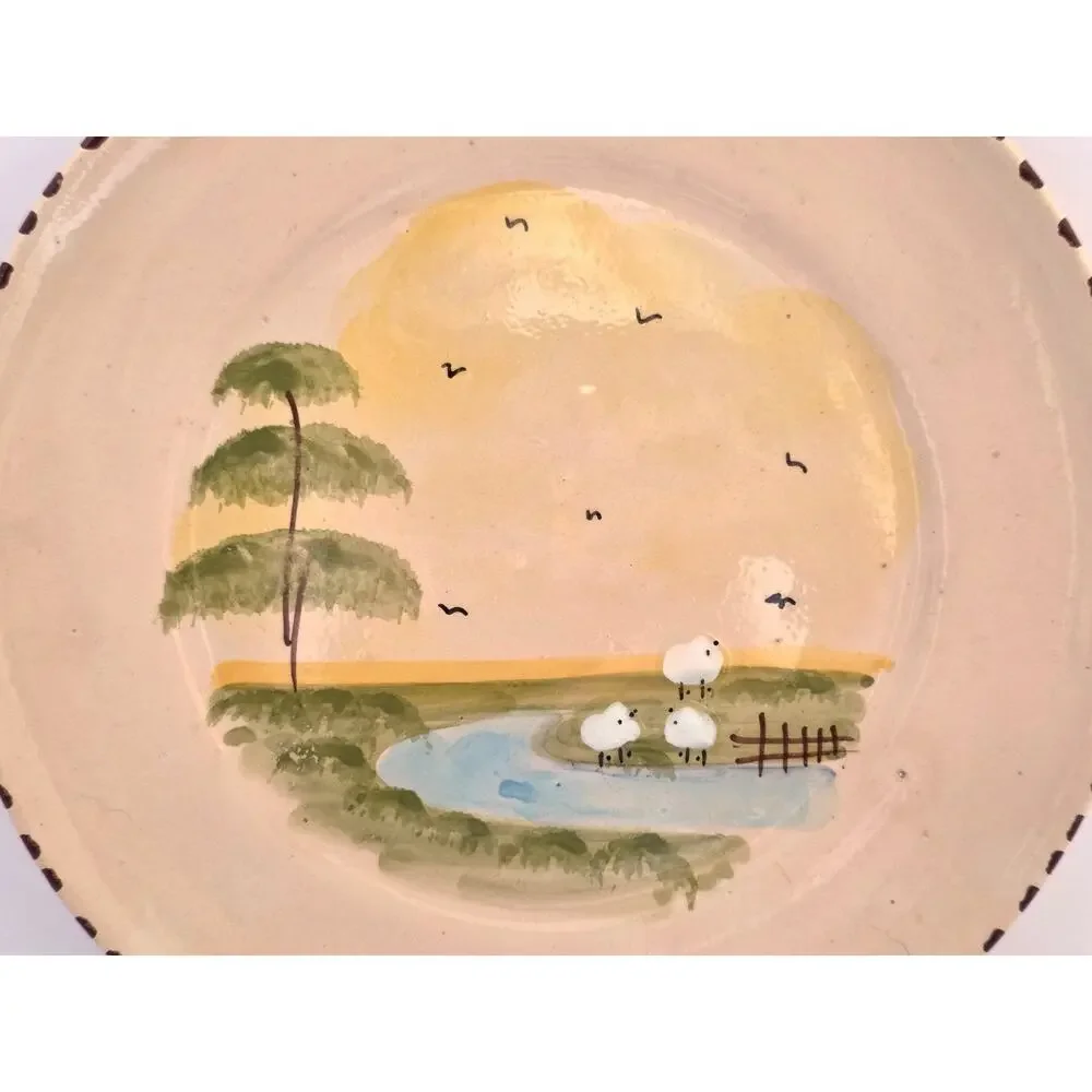 Vintage Handmade Hand Painted Art Pottery Plates Set 2 Raised Sheep Chicken Farm